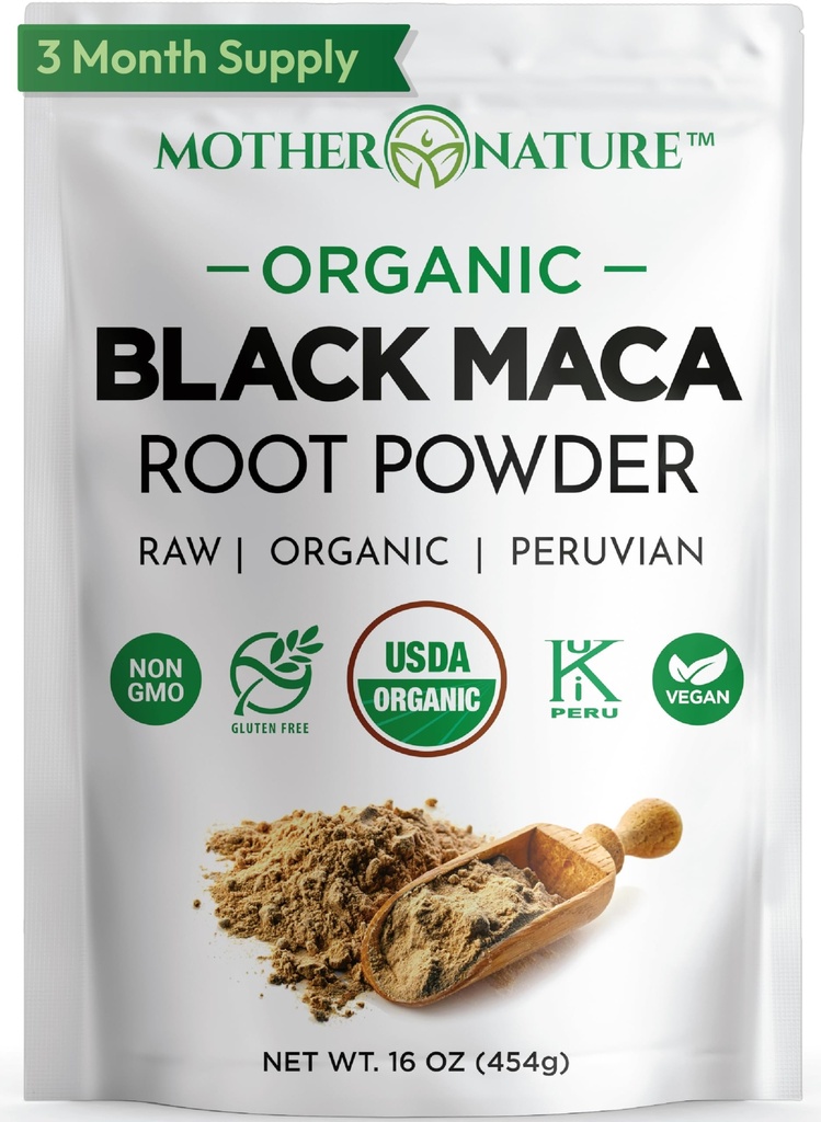Organik, Raw Peruvian Black Maca Root Toz - Premium USDA sertifikalı, Erkekler ve Kadınlar için ideal, Boost Workouts, Advanced Muscle Recovery, Non-GMO, Vegan Superfood, 16 ozz