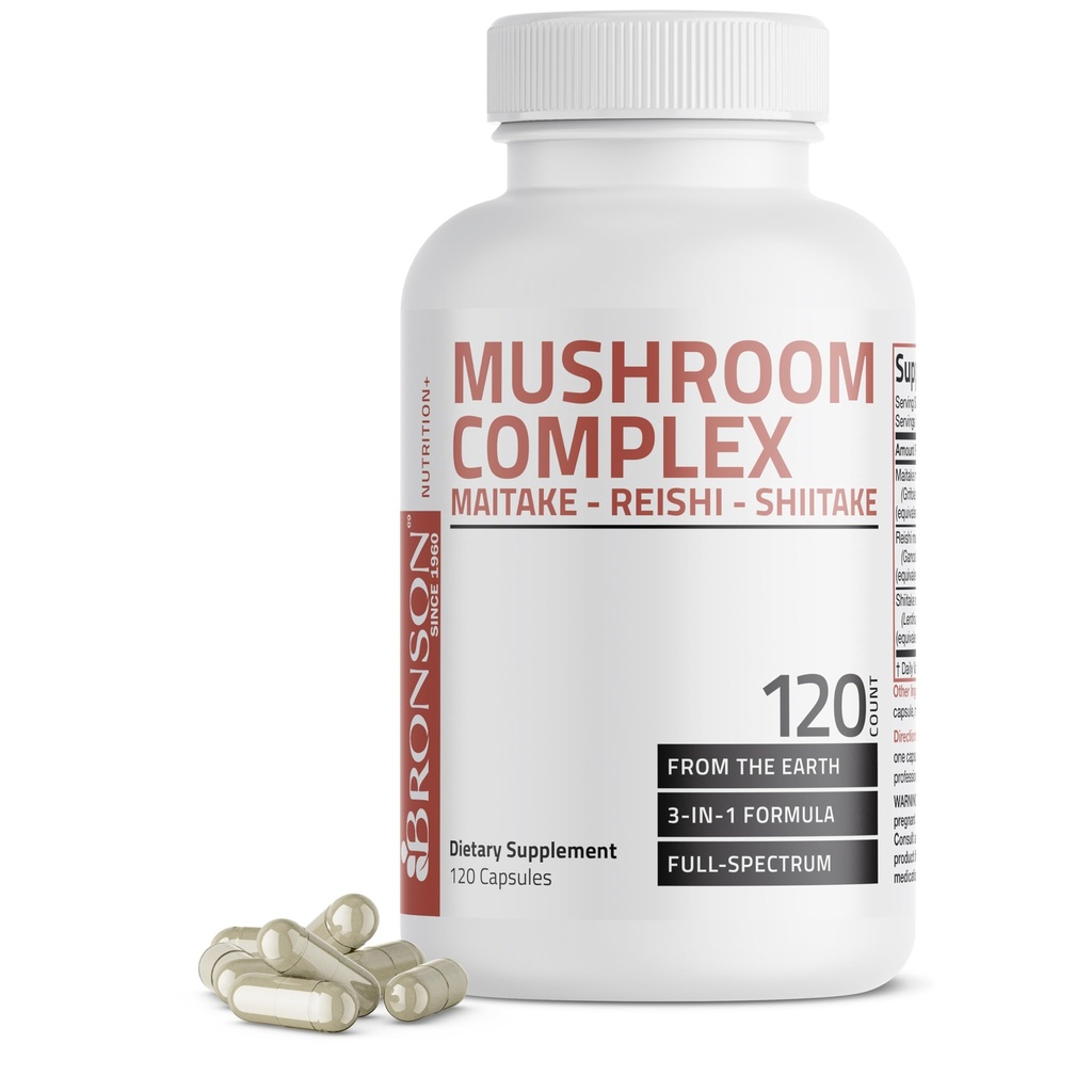 Bronson Triple Mushroom Kompleksi - Maitake - Reishi - Shiitake - Güçlü Antioksi ve Immune System Alert - Full Spectrum Mushroom Kompleks - 600 mg Capsules - 120 Count Count