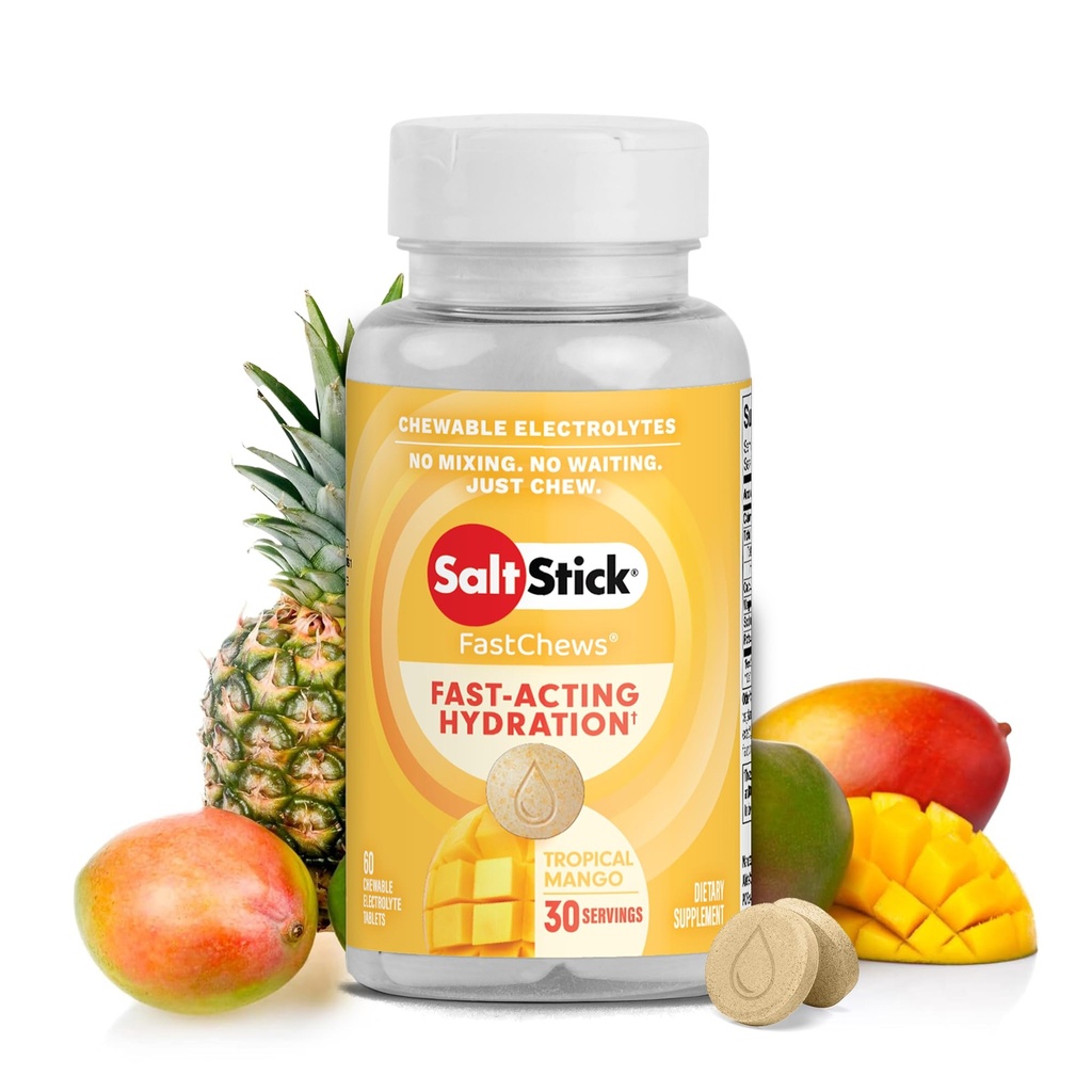 SaltStick Electrolyte FastChews - 60 Tropikal Mango Chewable Electrolytes - Koşu ve Hydration için Salt Tabletler, Elektrolyte Chews - 60 Kont
