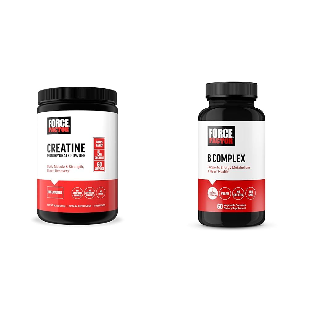 Force Factor Creatine Powder 60 Servings and Vitamin B Complex 60 Capsules Bundle for Muscle Gain, Strength, Energy, and Faster Recovery