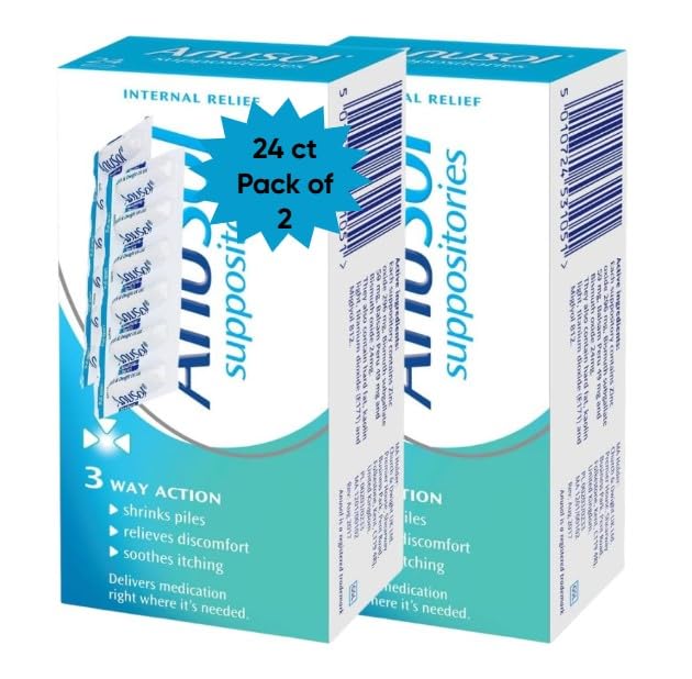 ANUS0L Haemorrhoids Piles Treatment | 24 Suppositories | 2 Pack, (2 X 24 = 48 Count)