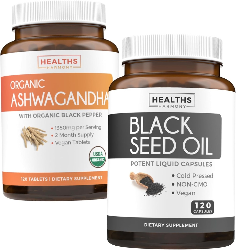 Black Seed Oil & Organic Ashwagandha - Renew & Recharge Sche - Black Seed Oil - 120 Soft-gel Capsules (Non-GMO & Vegetarian) ve Organik Ashwagandha Kök Toz 1350 mg hizmet (120 Tablet)