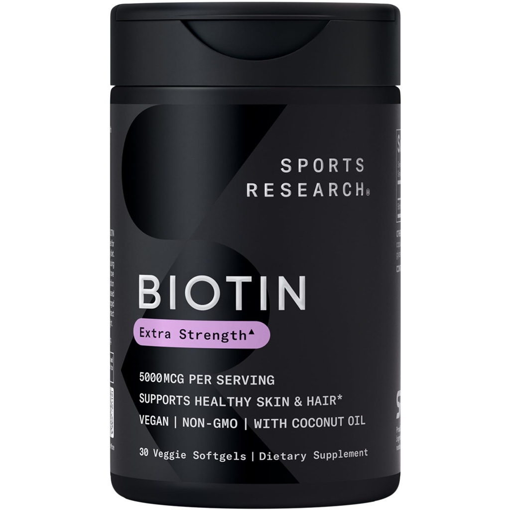 Sports Research® Biotin 5.00006 with Organic Coconut Oil - Biotin (Vitamin B7) for Health Skin and Hair Support* - for Women and Men - Vegan, Non-GMO, Gluten & Soy-Free - 30 Veggie Softgels