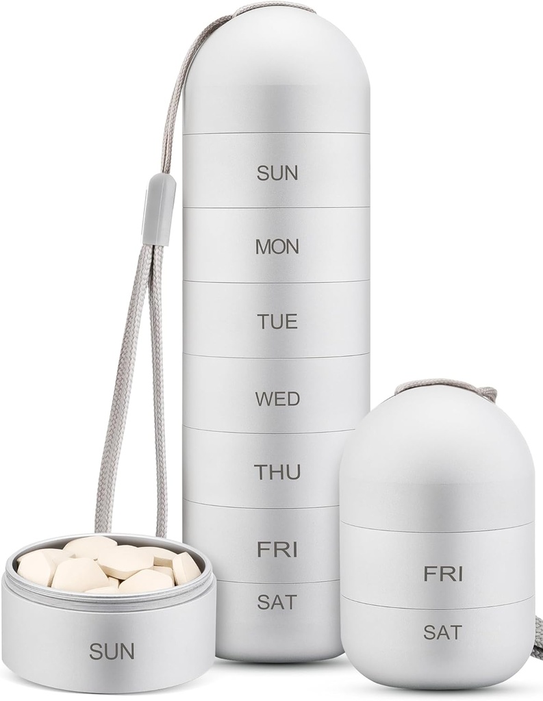 Zannaki Metal Moisture Kanıt Haftalık Pill Organizer, Stackable Alüminyum Alloy BPA Free Travel Hiking 7 Günlük Pill Box Vaka Suları ve Piller, Vitaminler, Fish Oil, Supplements
