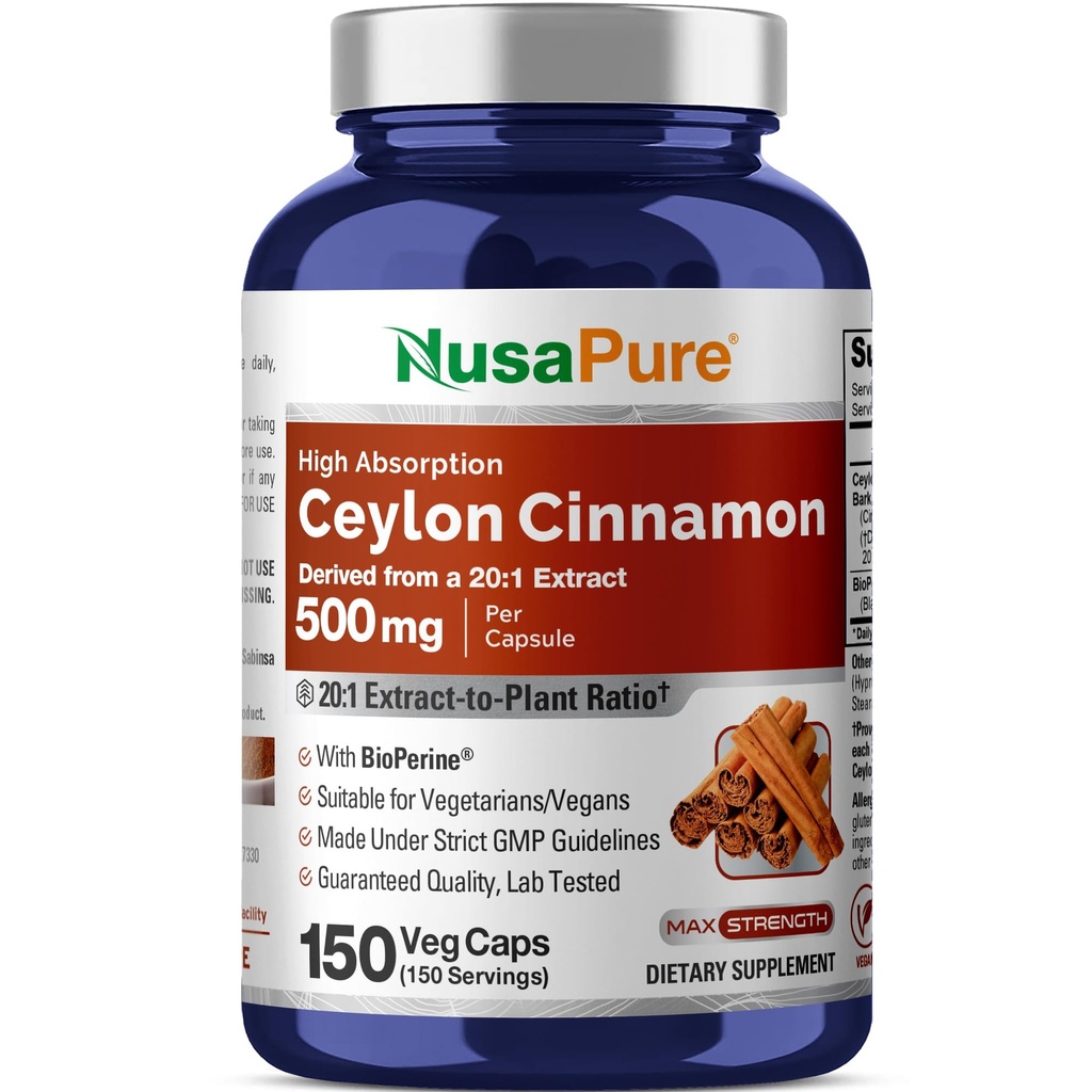 NusaPure Ceylon Cinnamon, 500 mg, 150 Veg Capsules (Non-GMO, Vegan)
