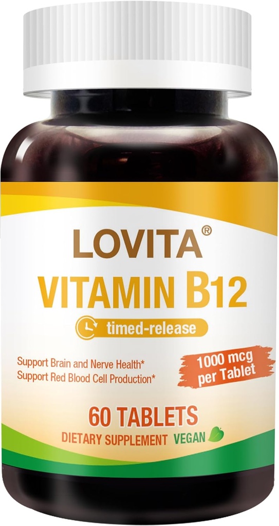 Lovita Vitamin B12 1000 mcg (B12 Vitaminleri Cyanocobalamin olarak), Timed Release B12, Vegan-Friendly, Supports Nervous System, 60 Vegetarian Tabletler (2 Ay Supply)