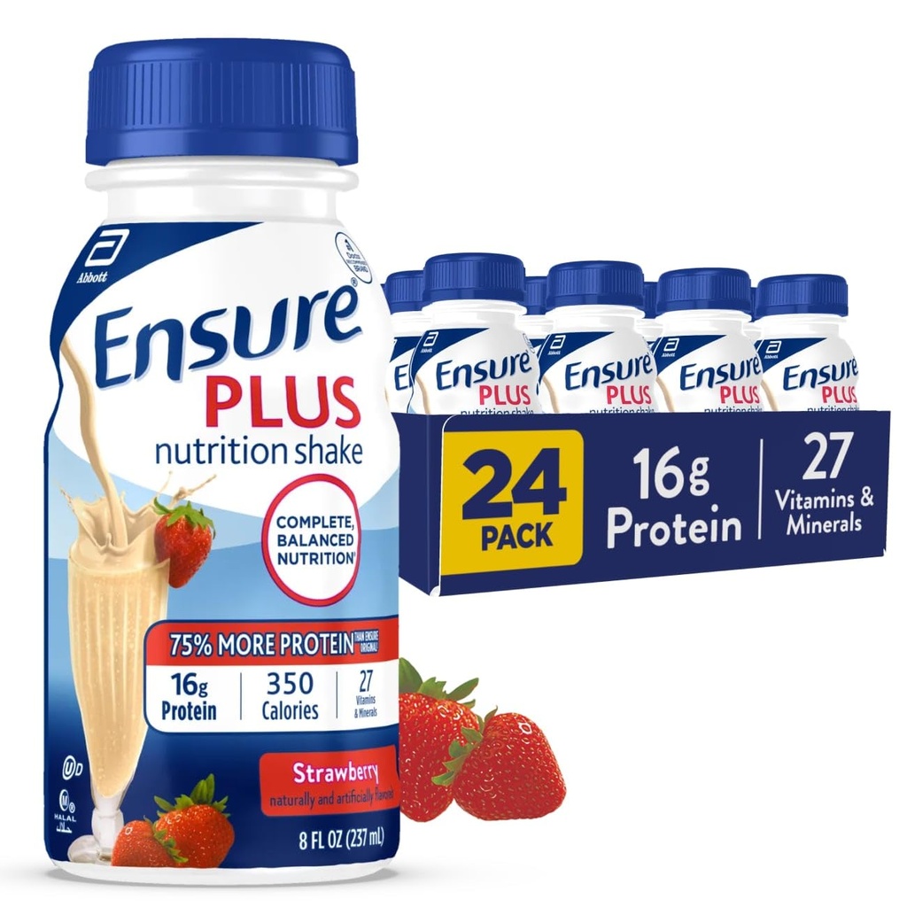 Plus Strawberry Beslenme Shake | Meal Change Shake | içmeye Hazır | 16g protein ve 27 Vitamin ve Mineraller | 8 fl oz - 24 Pack