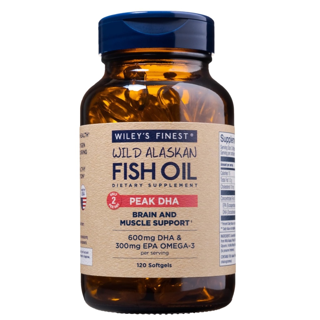Wiley's Finest Wild Alaskan Fish Oil Peak DHA - 900 mg EPA ve DHA Omega Omega-3s - 120 Softgels (60 Hizmet)