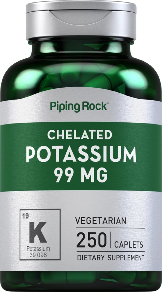 Piping Rock Chelated Potassium Supplement 99mg | 250 Caplets | Potassium Gluconate | Vegetarian, Non-GMO, Gluten Free