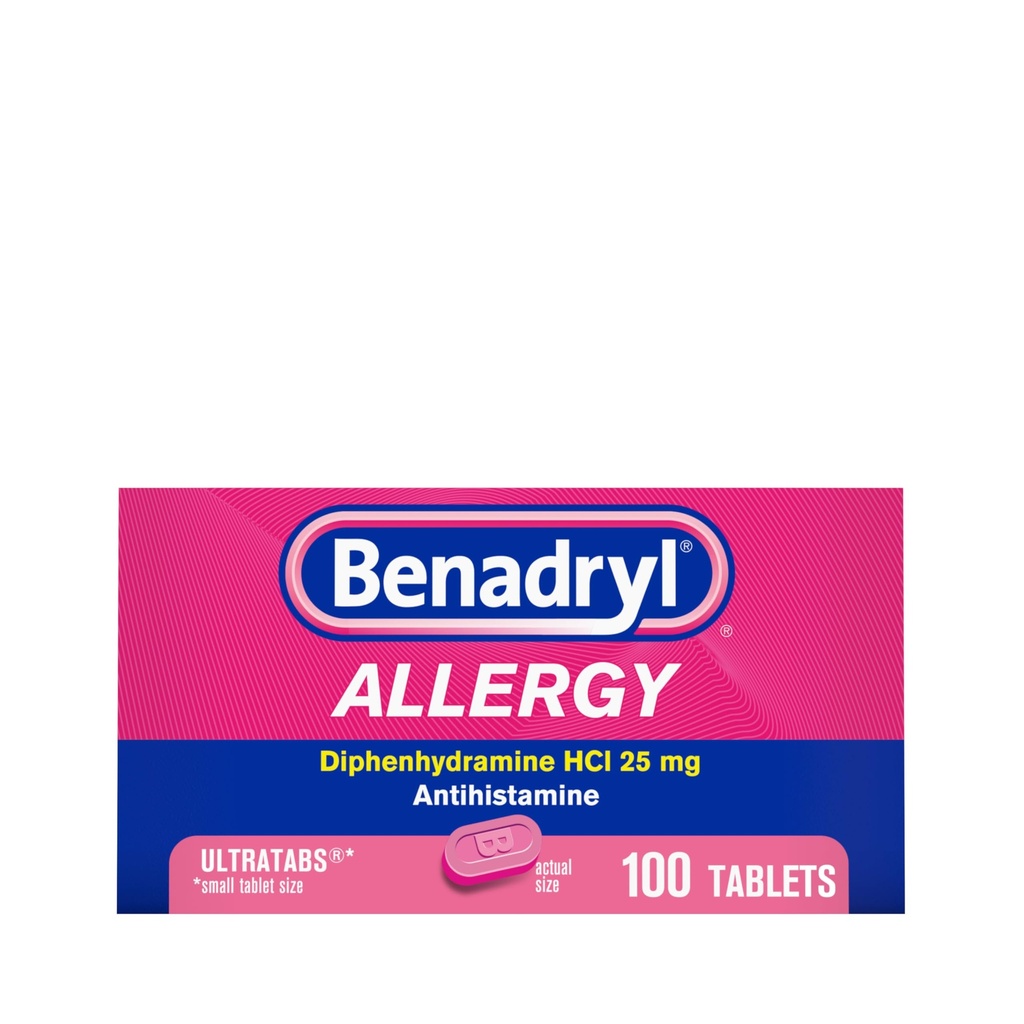 Benadryl Ultratabs Alerji ilacı, 25 mg Diphenhydramine HCl Antihistamin Tabletleri Soğuk ve Sneezing gibi belirtilerin Antihistamin Tabletleri, Runny Nose, Itchy Eyes & Throat, Hay, 100 Count Tabletler