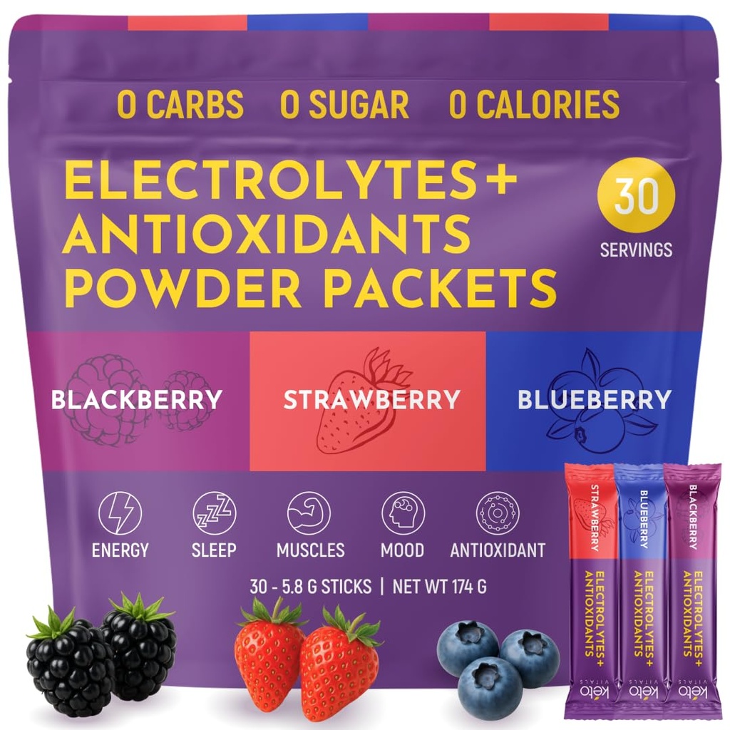 Keto Vitals Berry Elektrolytes Toz Paketleri No Sugar | Keto Friendly Electrolytes Travel Packets | Çeşitli Bireysel Çöpler | Enerji İçilir Mix | Zero Calorie | Zero Carb (Berry Assorted, 30)