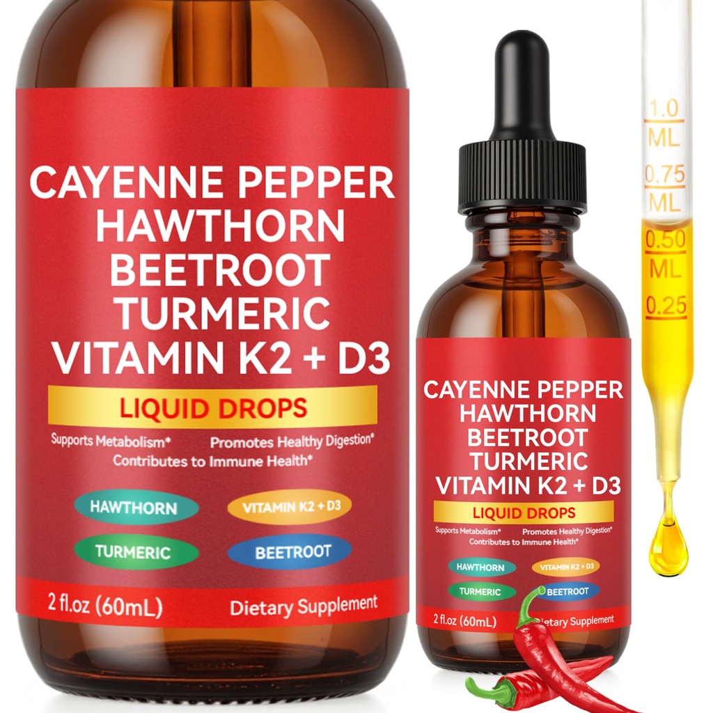 Cayenne Pepper Drops, 60ml Cayenne Pepper Supplement for Digestion, Circulatory Heath Support, Boosts Metabolism, with Hawthorn, Vitamin K2 D3 Beet Root, Turmeric-2 Fl Oz