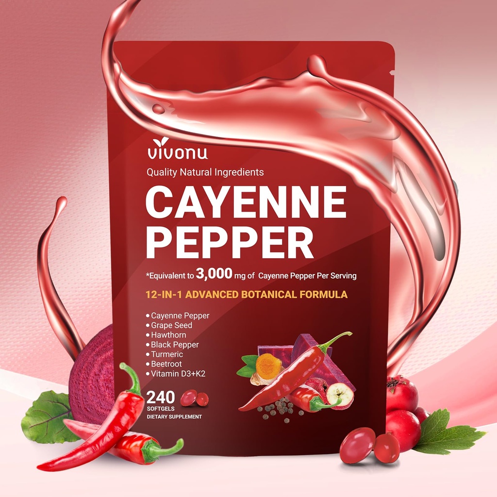 Cayenne Pepper Softgels Supplement with Vitamin E D3+K2 and Extracts of Turmeric, Grape Seed, Hawthorn, Beetroot, Berberine and Others, Supports Leg Vein, Heart and Blood Vessel Health (1 Pack)