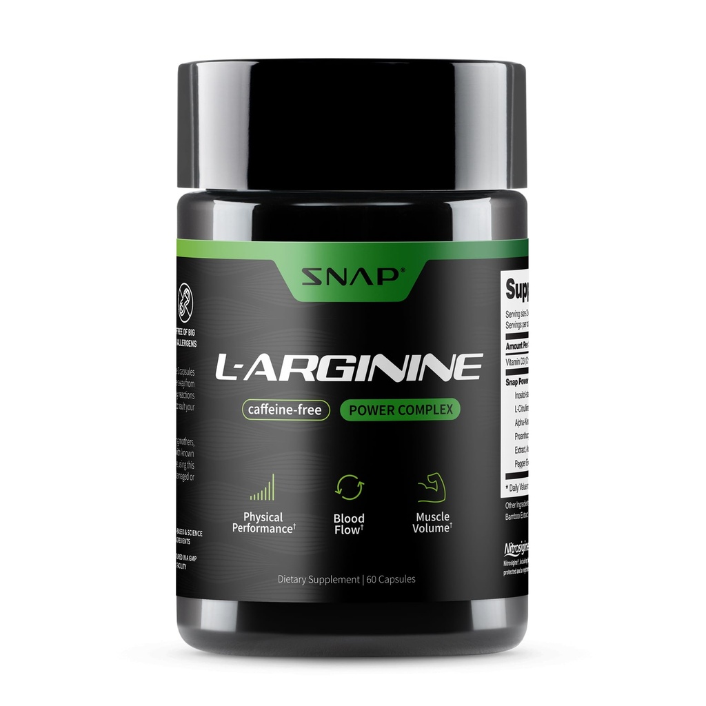 Snap Supplements L Arginine Capsules - Supports Natural Energy, Artan Blood Flow & Muscle growth and Cardio Health, 60 Vegetarian Capsules (30 Hizmetler, 1 Ay Supply)
