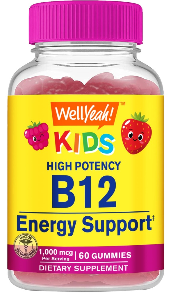 Çocuklar için B12 Gummies - Güç Geliştirmek, Beyin Fonksiyonlarını Geliştirmek ve Immune Sistemi Güçlendirmek - Gluten-Free - Great Tasting Berry Flavor - Easy to Chew - 60 Gummies