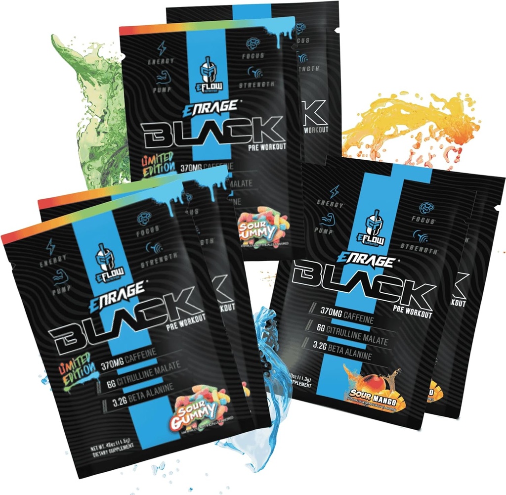 EFlow Beslenme ENRAGE Black Preworkout Örnek Paketler - Seyahat Paketleri - Yüksek Stim Enerji, pompa, Güçlü, Endurance, Focus, Nootropic Formula - Sour Gummy & Sour Mango Flavor (6 Packs)