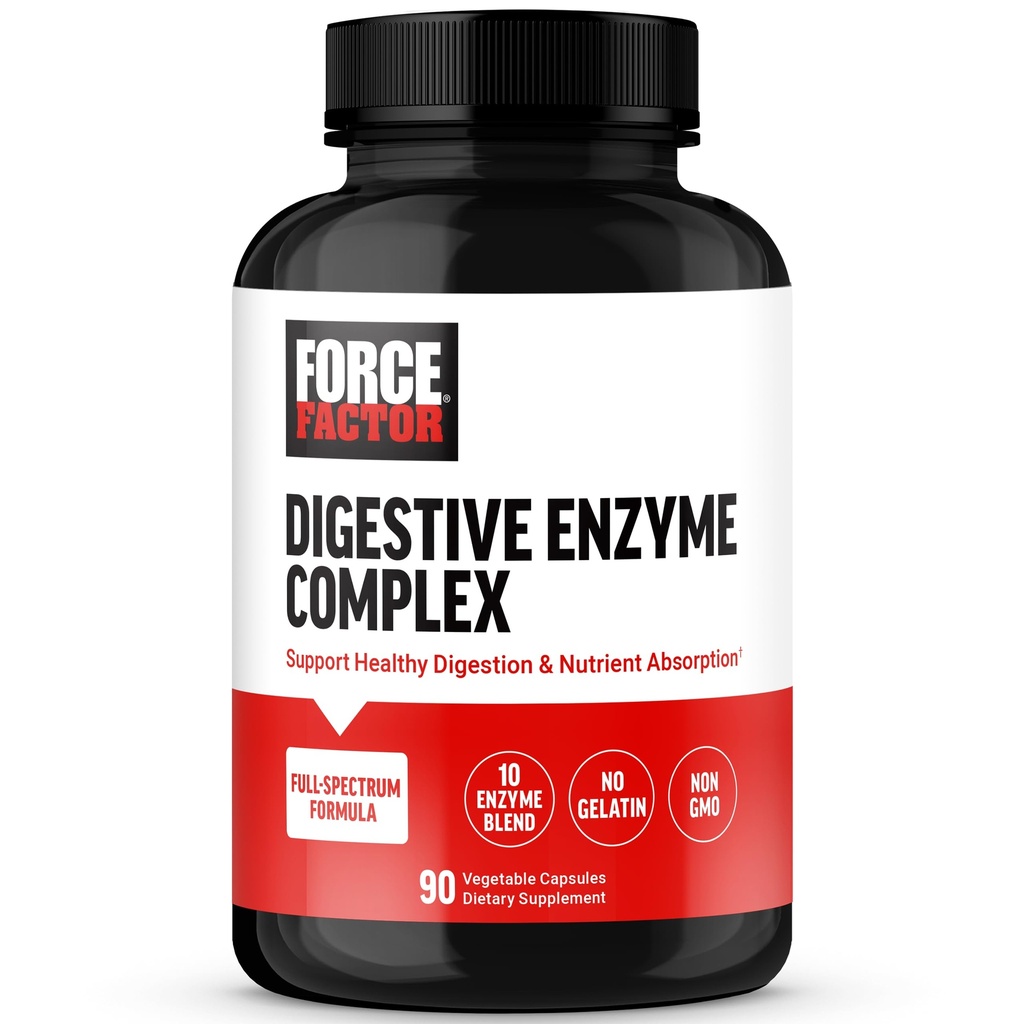 FORCE FACTOR Digestive Enzymes Kompleksi Digestive Health, Gut Health ve Erkekler için Bloating Relief, Full-Spectrum 10 Digestive Enzymes, Non-GMO, 90 Capsules