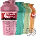 VELOMIX -4 PACK- 20 oz Protein Shaker Bottle for Protein Mixes - 4x Wire Whisk | Leak Proof Shaker Cups for Protein Shakes | Stackable Protein Shaker Bottle Pack | Dishwasher Safe (Blush Wave)