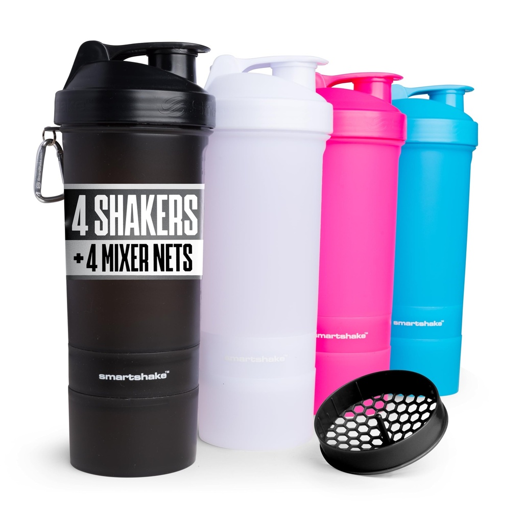 Smartshake Original 4 Pack 800 ml/27 oz Protein Shaker Bottle | Silent Mixing, Leak-Proof Shaker Bottle | Shaker Cups For Protein Shakes | Gym Shaker Bottle | 4 Pack, Black, White, Pink, Blue