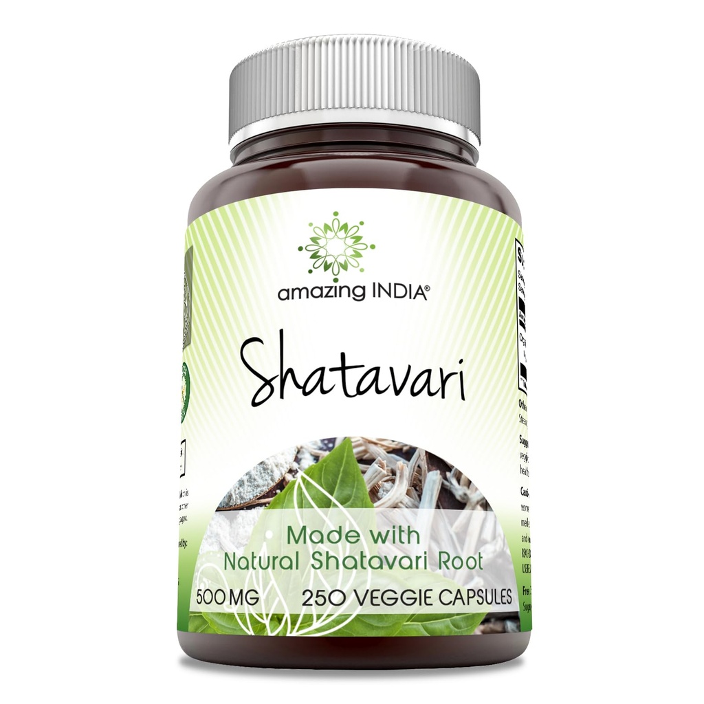 Amazing India Natural Shatavari 500 Mg, 250 Veggie Capsules Supplement | Non-GMO | Gluten-Free India Natural Shatavari 500 Mg per Service 250 Veggie Capsules Supplement | Non-GMO | Gluten-Free