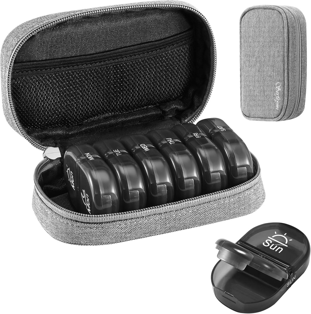 Serfeymi Weekly Travel Pill Organizer 2 Times A Day AM PM Yükseltd Black Pill Box 7 Day with Portatif Hologram Kanları, Vitaminler, Tamamlar, Fish Oils - Grey 01