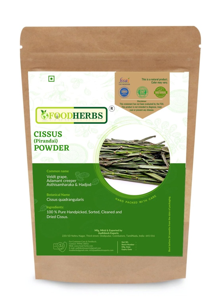 Foodherbs Cissus Quadrangularis Toz | 200 GMS / 0.44 Lbs | Bone Wellness | Hadjod | Pirandai | Veldt Grape | Adamant Creeper