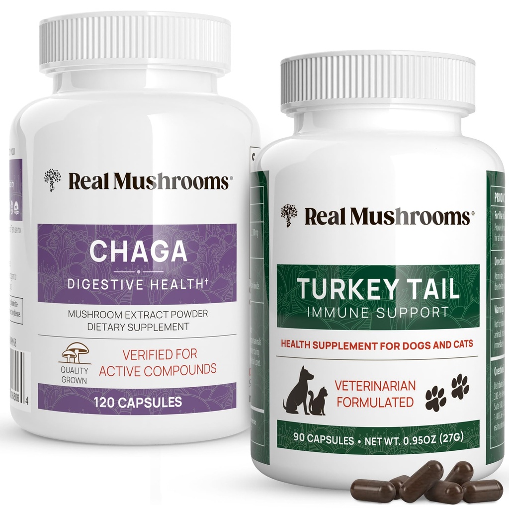 Gerçek Mushrooms Chaga for Humans (120ct) & Turkey Tail for Pets (90ct) - Digestive Health ve Immunity - Vegan, Non-GMO, T-Free, Gluten-Free Mushroom Extract Capsules