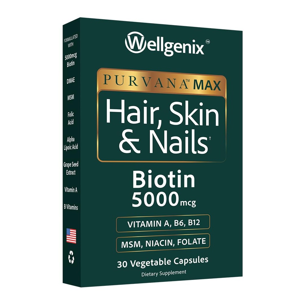 Wellgenix Purvana Max Saç, Skin ve Nails Vitamini - Double Strength Biotin 5000 MCG, VIT A & B, Folic Acid, Grape Seed - Saç Destek Tamamı -30 Capsules (Paket 1)