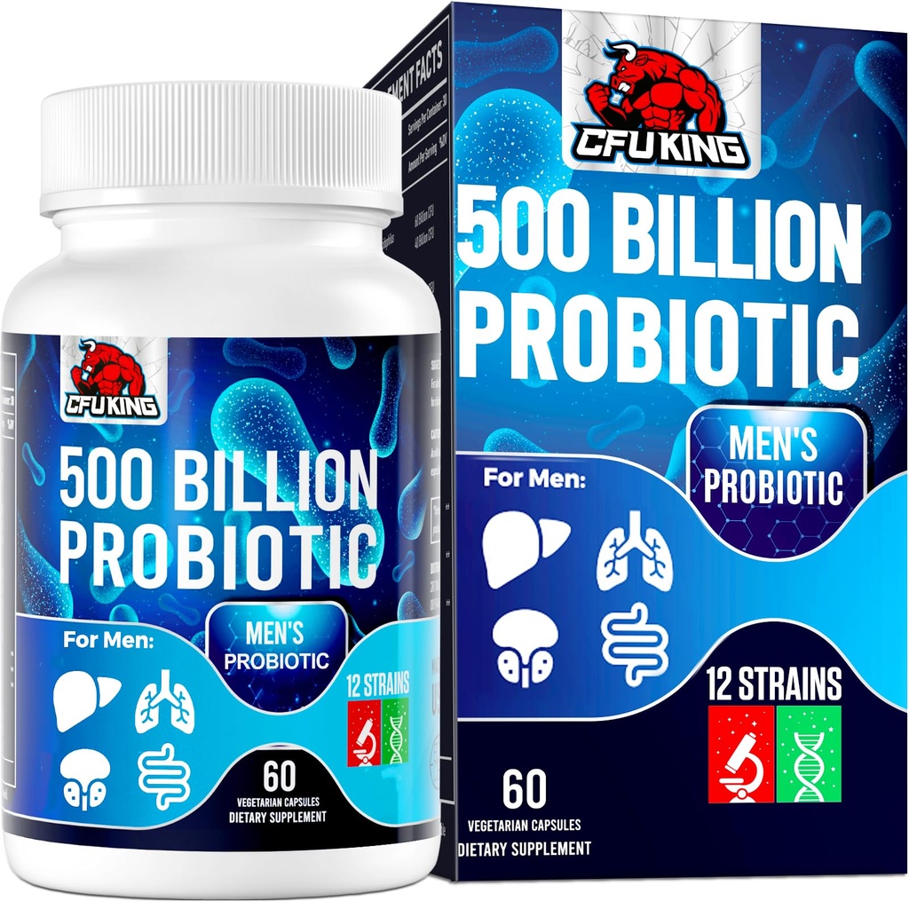 Probiotics for Men, 500 Billion CFU & 12 Mens Probiotic for Digestive Health + 4 Organic Prebiotic Fiber, for Digestive, Gut, Immune Health, Bloating, Gas, Energy Support, Shelf Stable - 60 Capsules