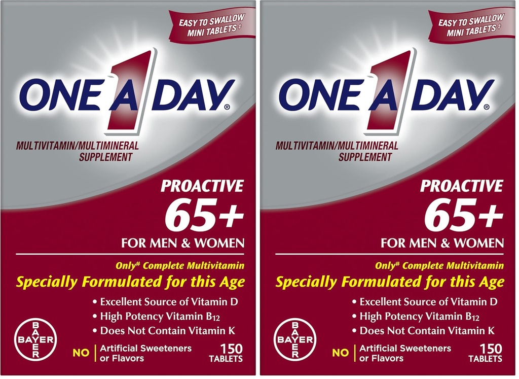 TEK A GÜN Proaktif 65+, Mens & Womens Multivitamin, Vitamin A, Vitamin C, Vitamin D ve Immune Health Support*, Kalsiyum, Folic Acid & More, Tablet 150 Kont (Pack of 2)