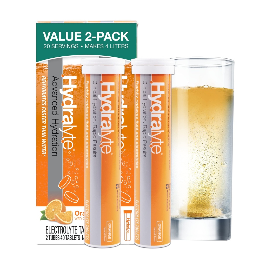 Hydralyte Electrolyte Tabletler | 40 Orange Electrolytes | Airplane Travel Essential for Rapid Rehidr | Hydration Tabletleri - Instant Dissolve Electrolytes (20 Servisler, 2 Tabletler)