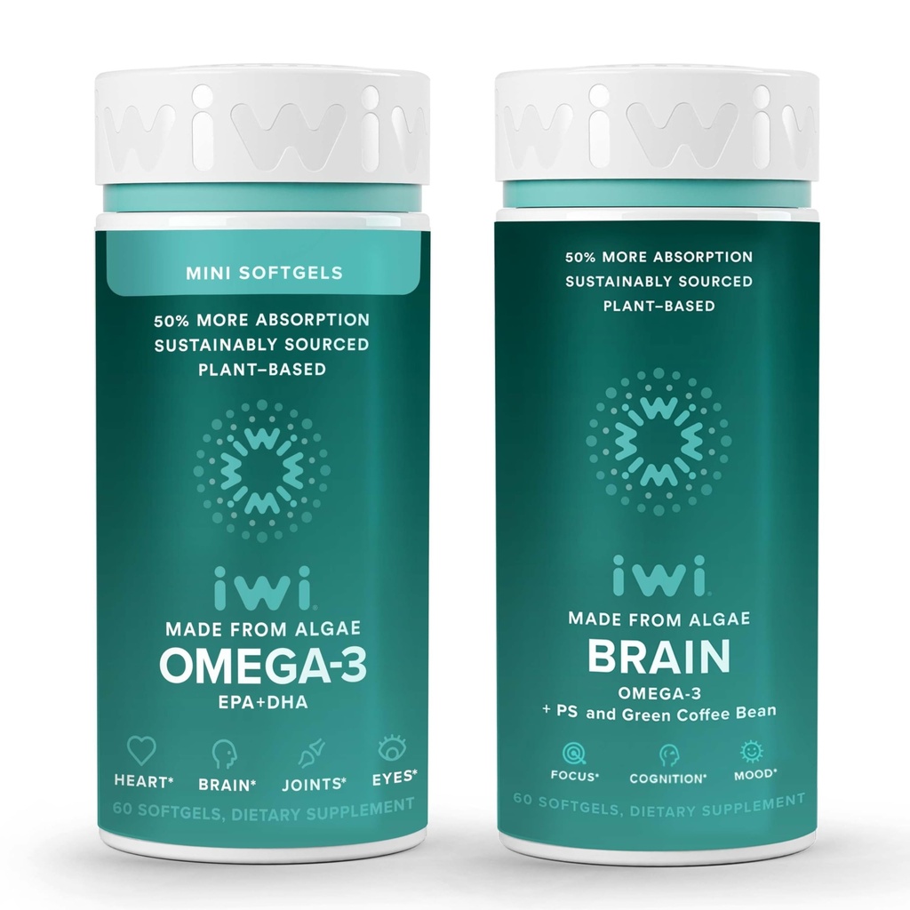 Iwi Omega-3 Minis & Brain Omega-3 Sche, 30 Hizmet, Vegan Plant-Based Algae Omega 3 with EPA + DHA, Krill & Fish Oil Alternative, No Fishy Aftertaste