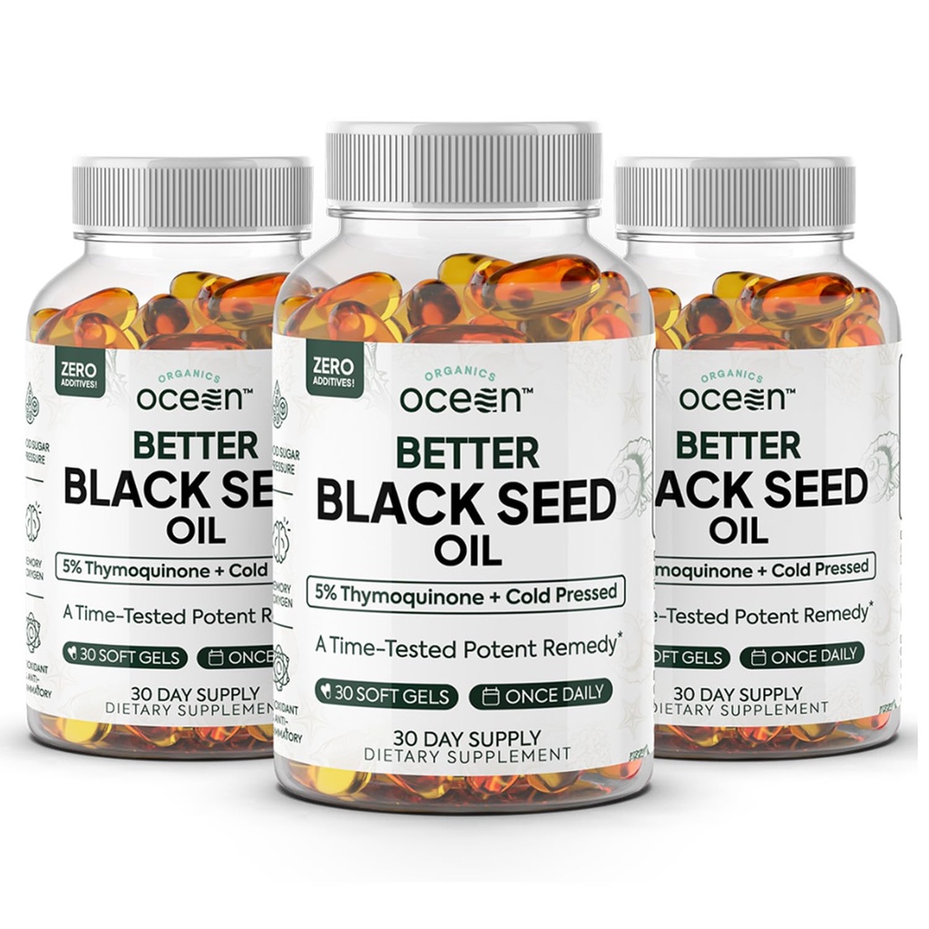 Organics Ocean Better Black Seed Oil Cold Pressed - Pure Nigella Sativa Oil for Immune Support - 5% Thymoquinone - Support Memory, Vitality, and Cellular Health - 3 Pack Bulk Supply