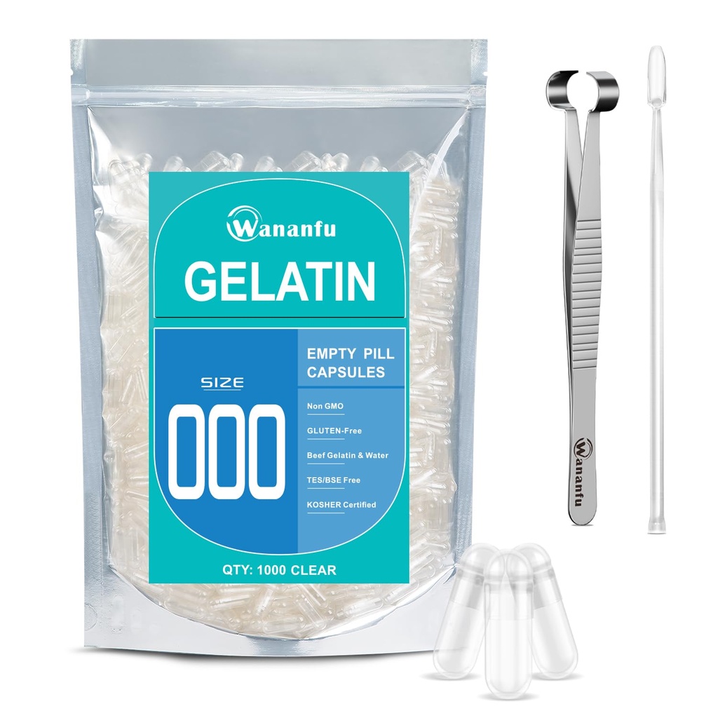 wananfu Size 000 Empty Capsules Gelatin (1000 Count) Bundle with Capsule Tweezer and Micro Lab Spoon, Clear Fillable Gel Pill Capsules Size 000 for Making Your Own Supplements