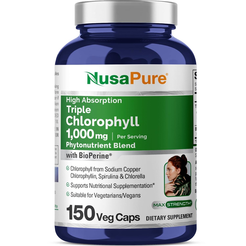 NusaPure High Abxia Triple Chlorophyll 1000 mg 150 Veg Caps Vegetarians ve Vegans için uygun, Non-GMO