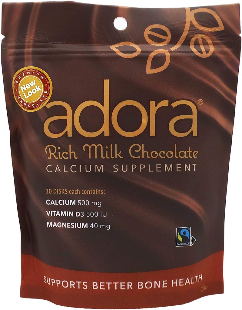 Adora Premium Vitamin D3 Magnezyum ve Kalsiyum Supplement, 500 mg, Milk Chocolate, 30 Count
