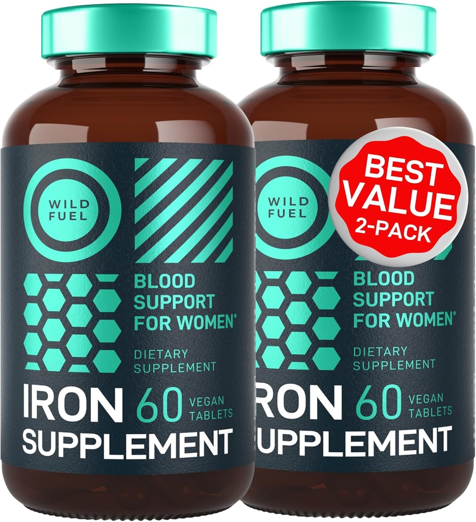 Folic Acid ile Kadınlar için Vegan Demir Supplement - 35 mg Blood Builder Ferrous Sulfate, Folic Acid 400 mcg - Anemi & Hamile Destekli Kadınlar için Demir Pilleri - 120 Gluten-Free Tablet - 2Pack