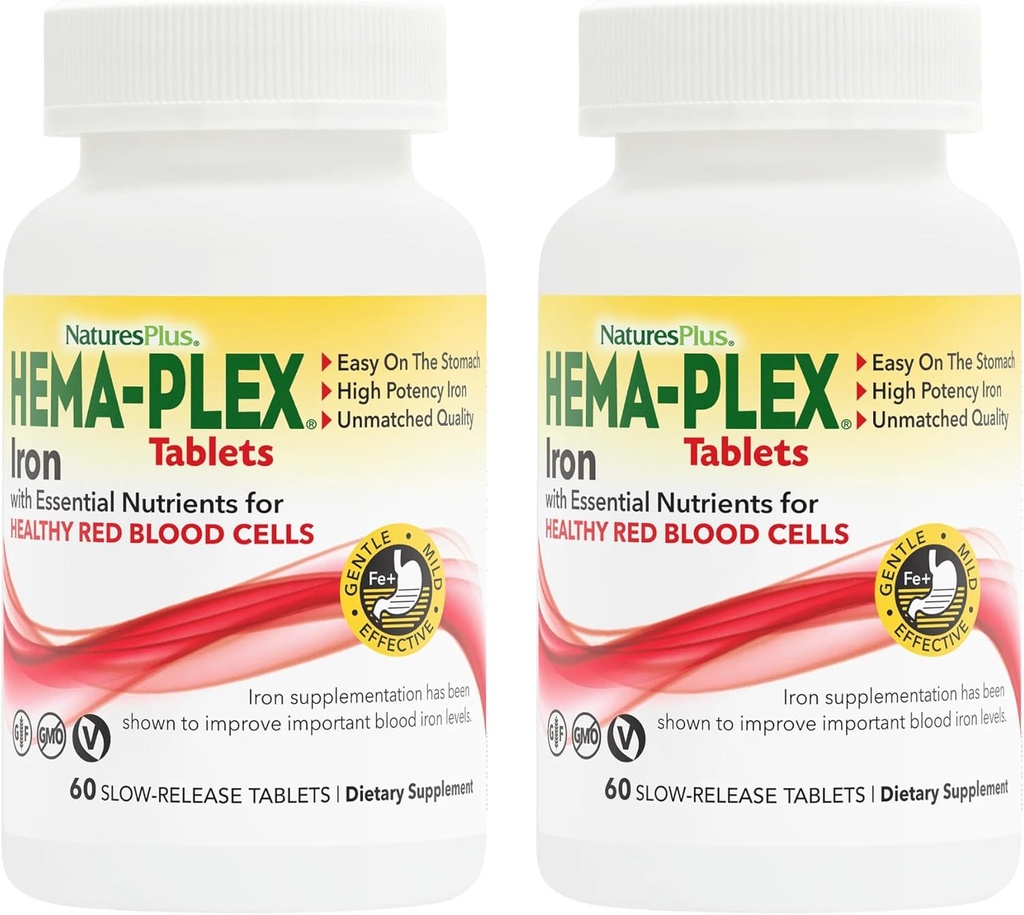 NaturesPlus Hema-Plex Iron - 60 Slow-Release Tabletleri, 2 Paket - Total Blood Health - 85 mg Chelated Iron - C & Bioflavonoids - GMO, Vegetarian & Gluten Free - 120 Toplam Hizmetler