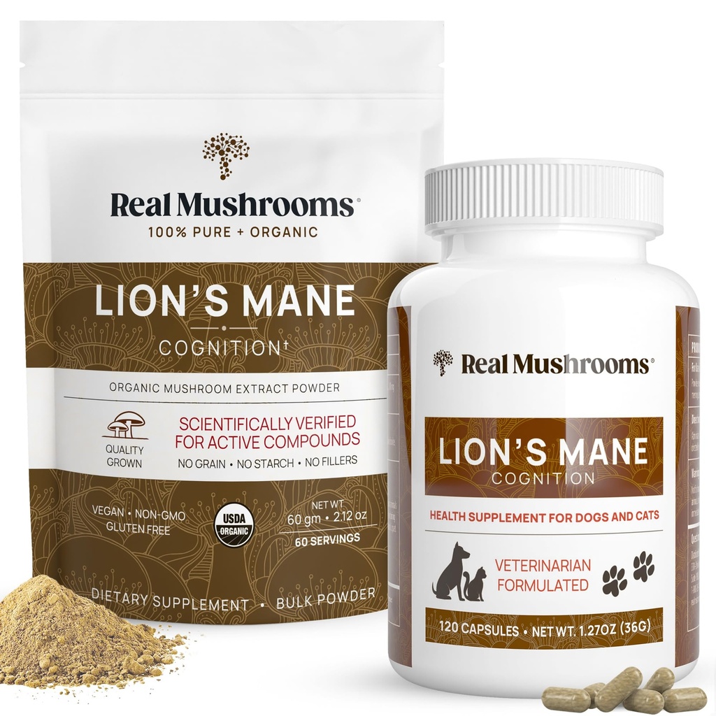 Gerçek Mushrooms Lions Mane for Humans (60 Hizmet) ve Evcil hayvanlar (120ct) - Toz & Capsules Sche for Cognition & Immunity - Vegan, Non-GMO, Gluten-Free,j-Free Mushroom Extract Supplements