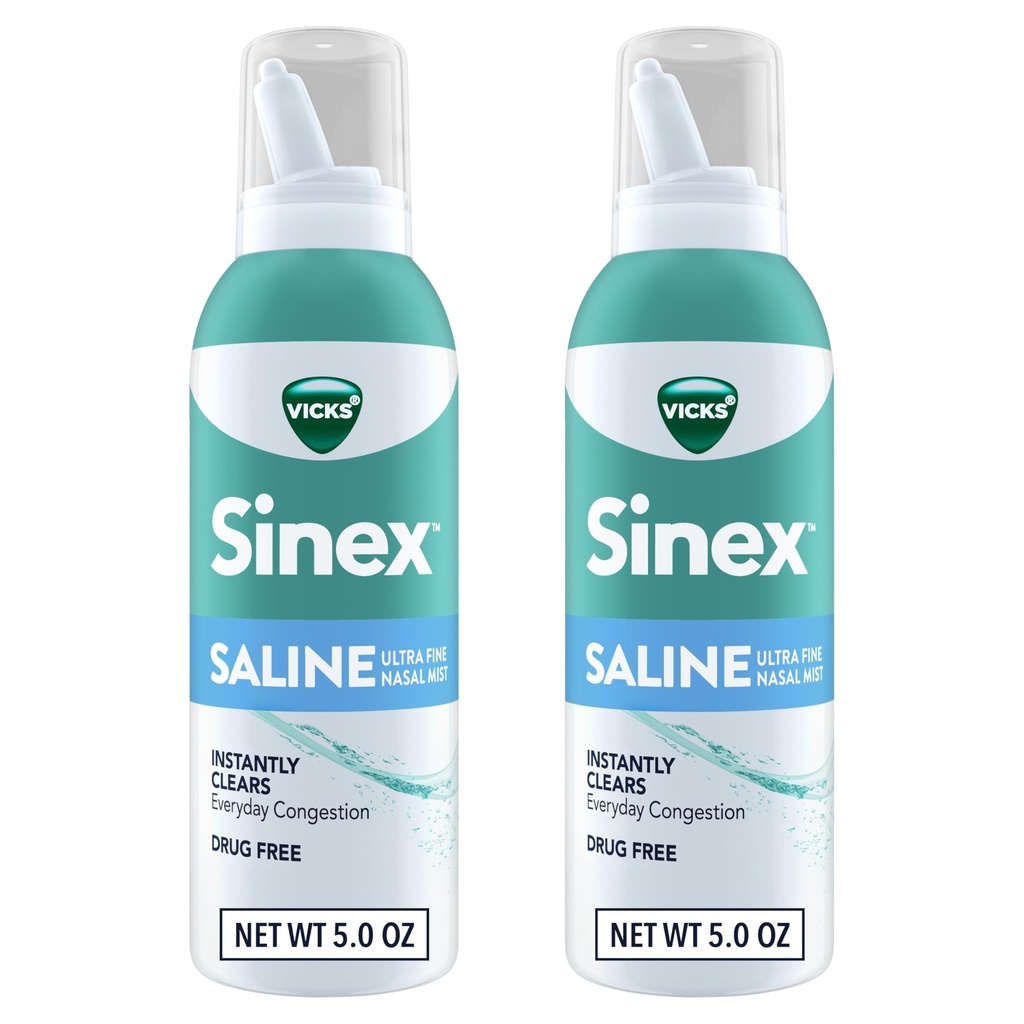 Vicks Sinex SALINE Nasal Mix, Drug Free Ultra Fine Mist, Clear daily Sinus Congestion Fast, Clear Mucus from a Cold or Alerji, Daily Use 5.0 fl oz x 2