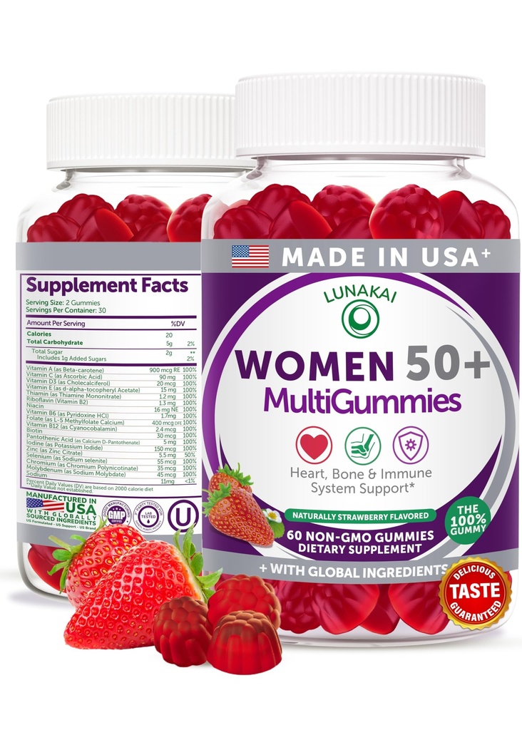 Lunakai USA 50 Plus Kadın Çokvitamin Gummies - Lezzetli Formula, Sağlık ve Yaşam için Temel Vitaminler ve Minerallerle Geliştirildi - 60