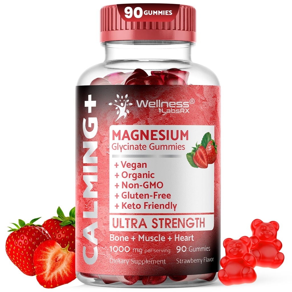Magnesium Glycinate Gummies, 1000 mg - Magnesium Supplement to Support Relaxation, Heart Health - Chewable Calm Magnesio Gummies for Adults, Glicinato De Magnesio - Strawberry Flavor