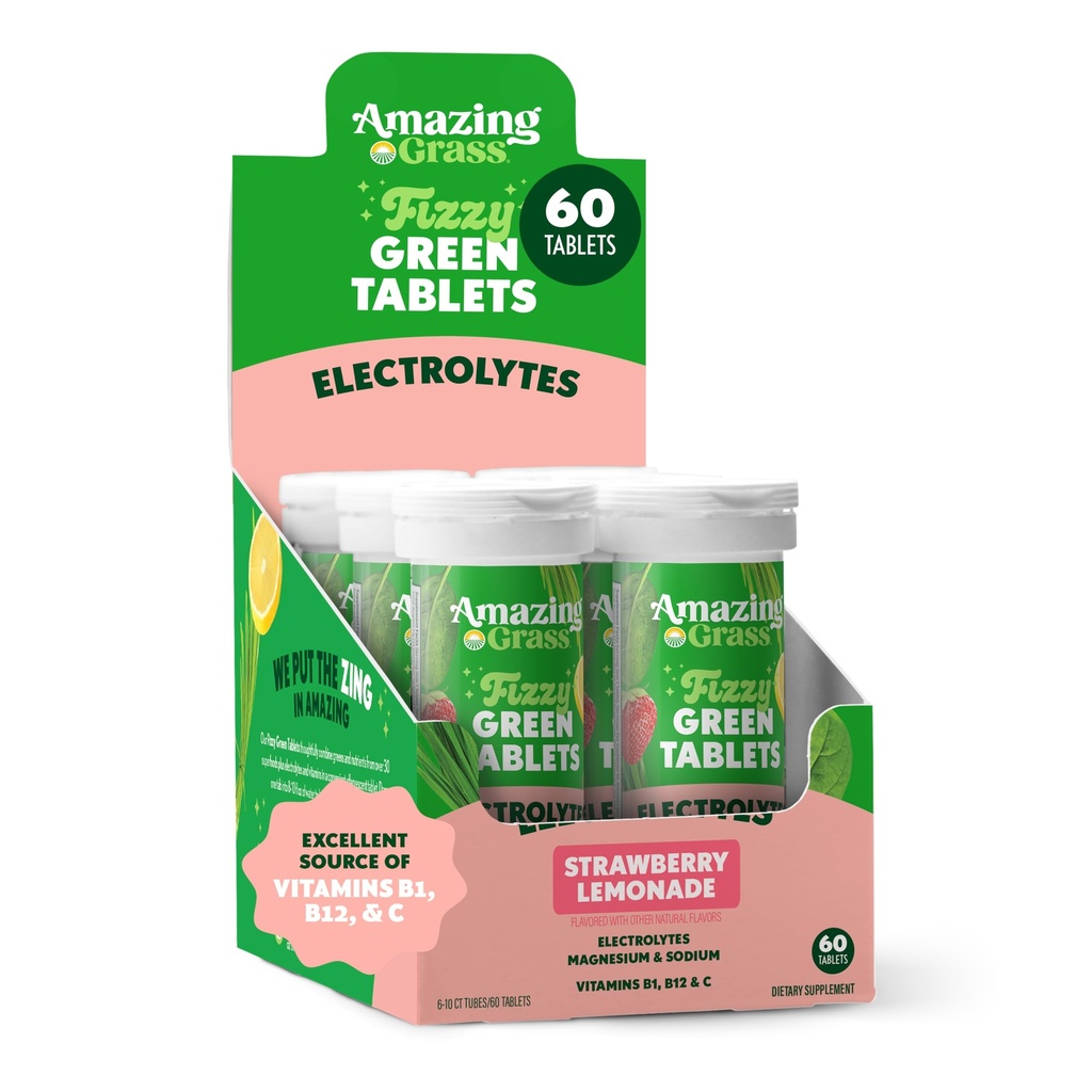 Amazing Grass Electrolyte Tabletleri, Fizzy Greens Water Flavoring Tabletleri Vitaminlerle, Hydrate Strawberry Lemonade, 10 Kont (Pazarlama)