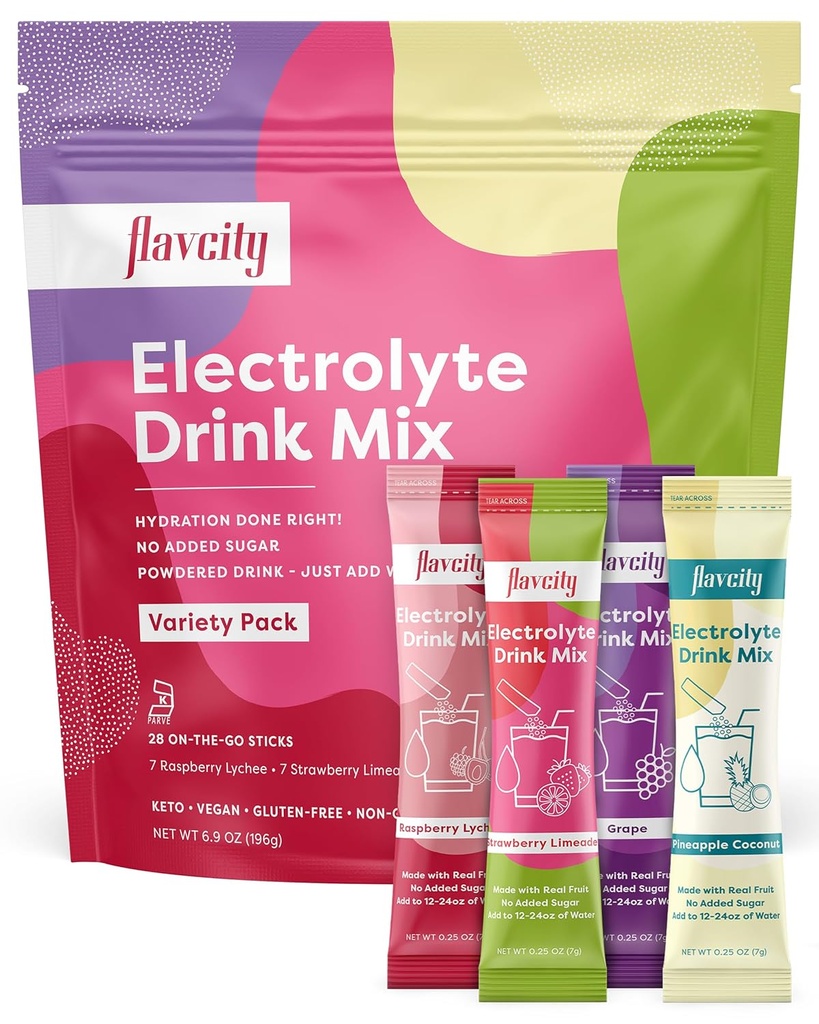 FlavCity Electrolytes Drink Mix, Diversity Pack, 28 On-The-Go Stick Packs - Gerçek Meyve ile yapılan Sağlıklı Elektrolytes Toz Paketleri - Ek Olmayan Şeker ile Tozlu İçki, Gluten-Free