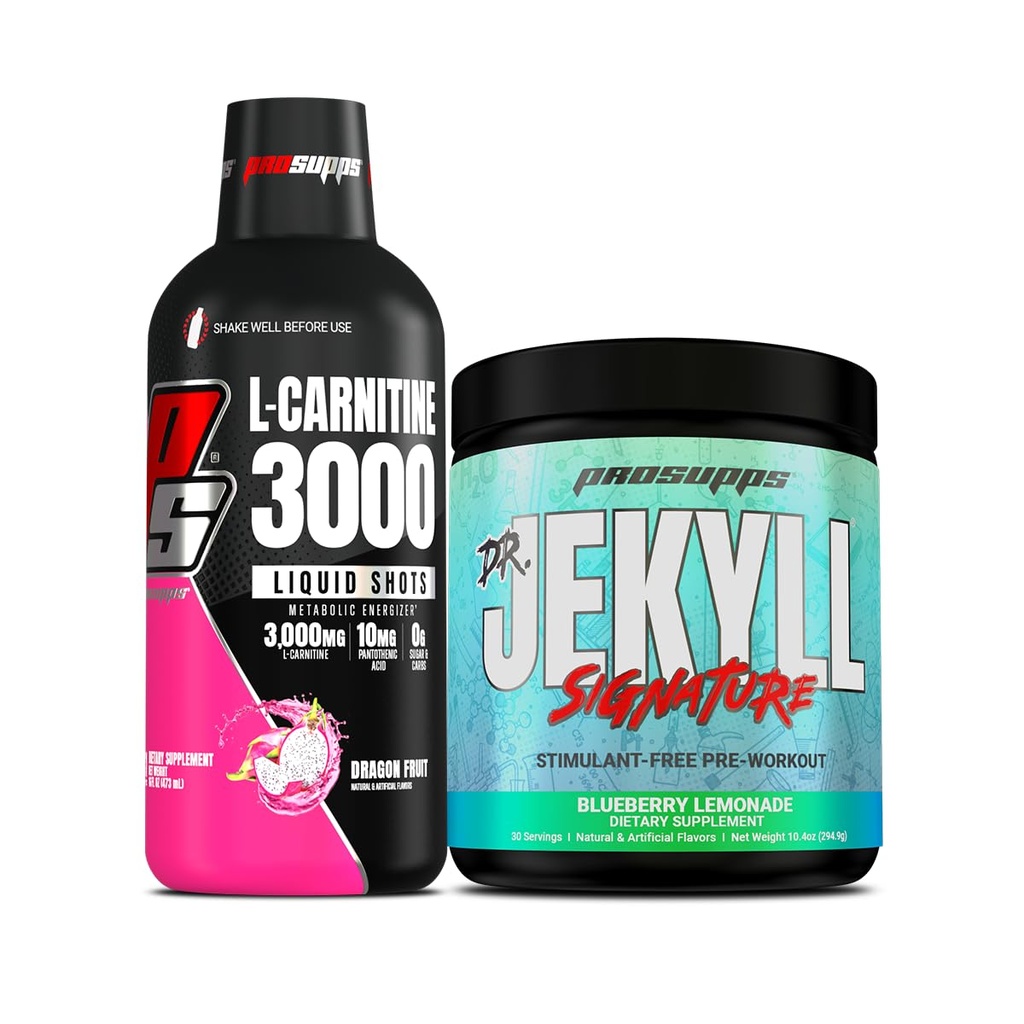PROSUPPS L-Carnitine 3000 Stimulant Ücretsiz Sıvı Shots (31 Hizmet, Ejderha Meyvesi) ve Bay Hyde Signature Series Pre-Workout Energy Tozed Drink (30 hizmet, Blueberry Lemonade)