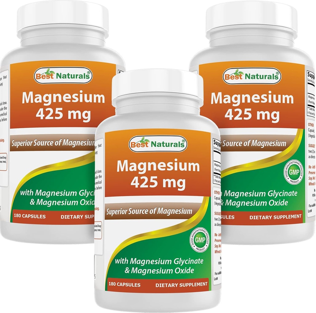 En İyi Doğallar Magnezyum 425 mg 180 Veggie Capsules - Yüksek Abvitamin Magnezyum Glycinate & Magnezyum Oksit Chelated, Non-GMO, Gluten Free Muscle Relax (180 Kont)