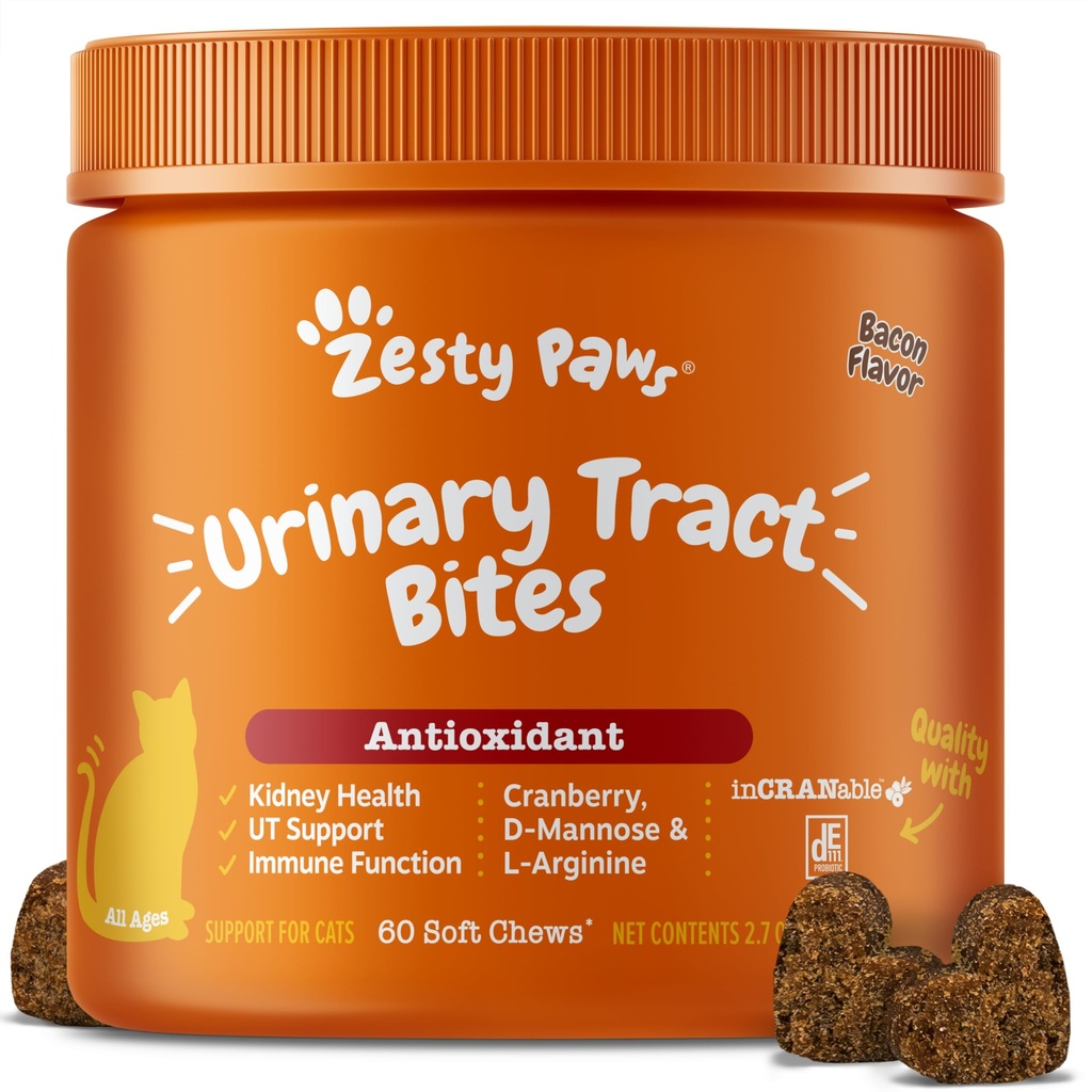 Zesty Paws Cranberry Urinary Tract Bites for Cats - Kidney & Urinary Tract Health - Soft Chews with D-Mannose, B6 & L-Arginine - Immun Count & Gut Support - Bacon - 60