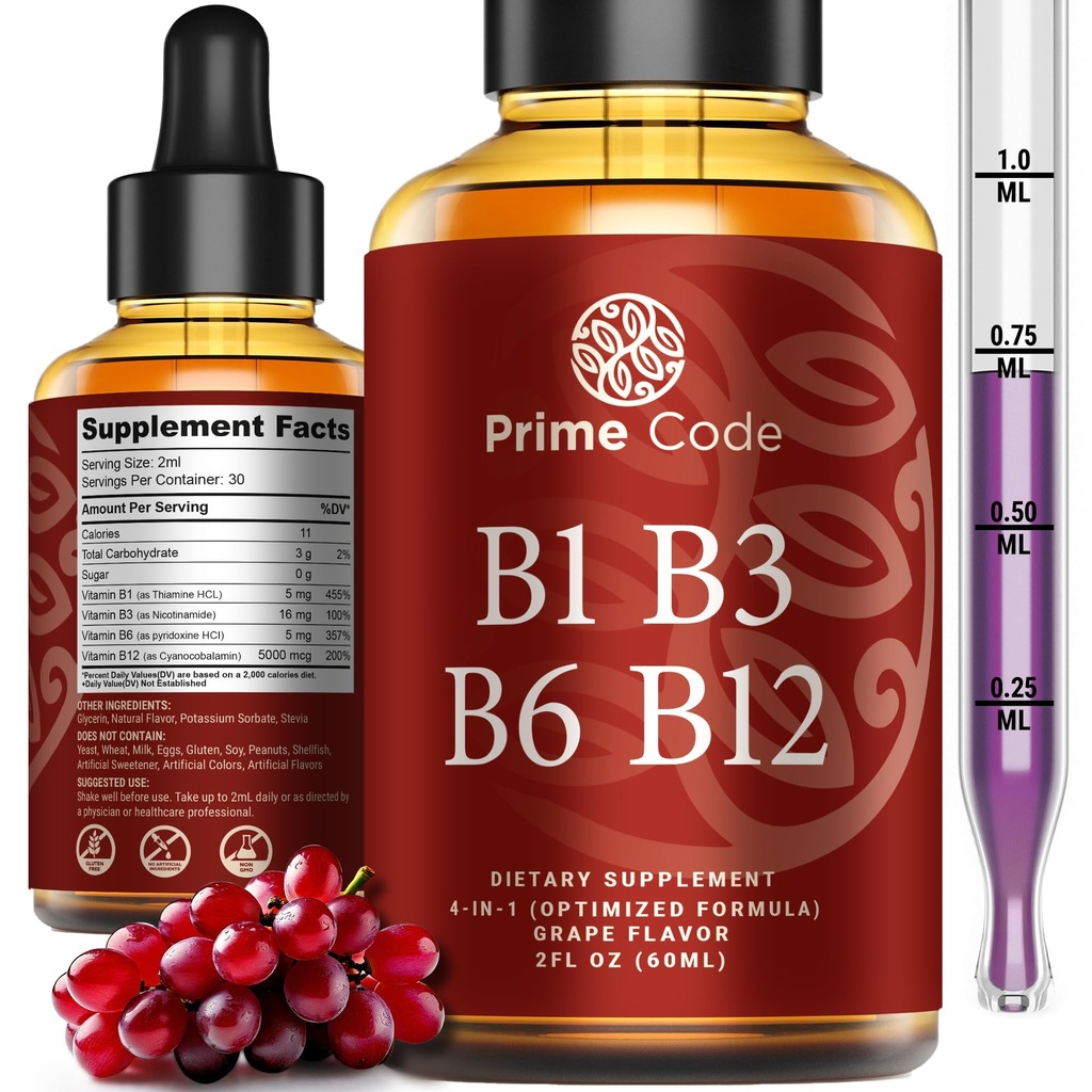 Prime Code Liquid Vitamin B1 Drops with Vitamin B3 B6 & B12 | B Kompleks Sıvı Supplement | Yetişkinler için Thiamine Supplement | High Abxia | Immune Support | Non-GMO | Gluten-Free-G6 & B12 | B Kompleks Sıvı Supplement | Thiamin Supplement for Yetişkinler | High Abxia | Immune Support | Non-GMO | Gluten-Free-Free-GMO | Gluten-Free-Free-Free-G6