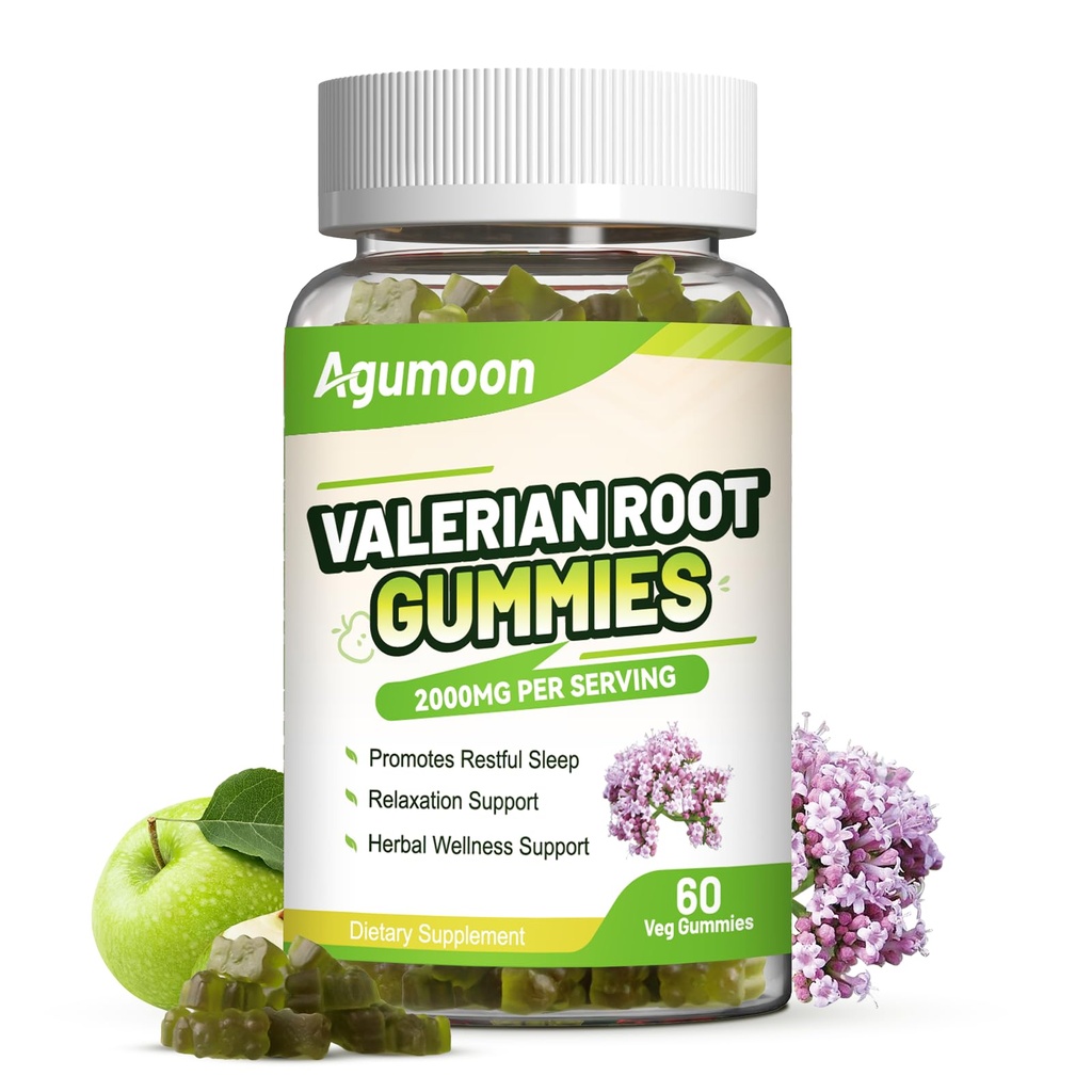 Valerian Root Gummies 2000mg, Valerian Root Extract for Relaxation & Mood Support, Herbal Supplement for Kids & Adults, Vegan, Apple Flavor, 60 Count