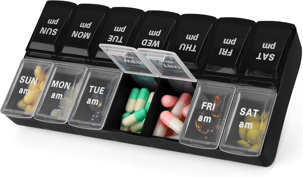 7 Günlük AM PM Pill Organizer, 2 Times A Day Large Pill Case Pill Box for Pills Vitamin Supplements Drug (Black+ White,2 Times)